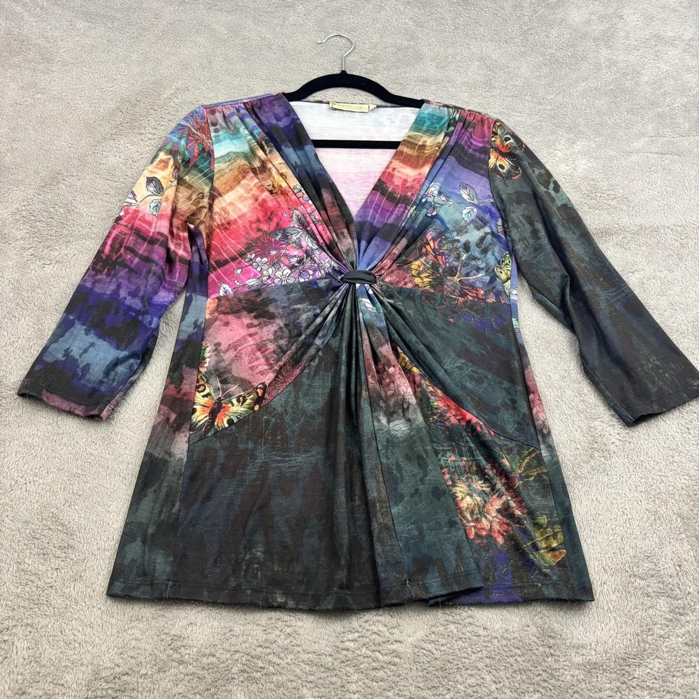 VTG Y2K Babydoll Tie Front Tunic Top Womens M‎ Multicolor Butterfly Floral Fairy
